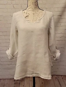 Flachs Leinen Top Damen Natur Größe P Petite Roll Up Langarm Tunika Bluse - Bild 1 von 11