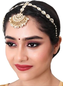 Indian Bollywood Wedding Gold Tone Kundan & Pearls Bridal Matha Patti Maangtikka - Picture 1 of 2