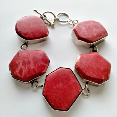 Grueso brazalete de cadena de coral de plata de ley con cierre de palanca se ajusta a 7"- 8,5" de largo Foto 1 de 4