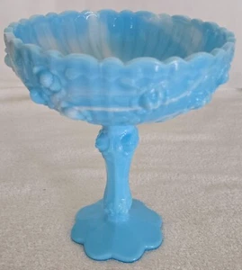 Vintage Fenton Pedestal Blue Glass Swag with Cabbage Roses-7.5 inch H-6 inch W - Picture 1 of 16