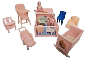 Vtg Renwal Baby Nursery Dollhouse Miniature Furniture 13 pc Crib Playpen Babies - Picture 1 of 8