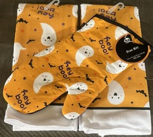 Set Of 3 Halloween Ghost Bats Kitchen/Bathroom Towels & Oven Mitt “HEY BOO” - Picture 1 of 3