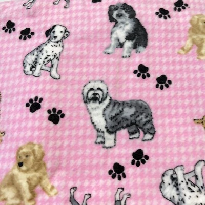 Dog Breeds Pink Flannel Fabric Dalmations Sheepdogs Boxers Spaniels Paws 36"x42" - Image 1 of 4
