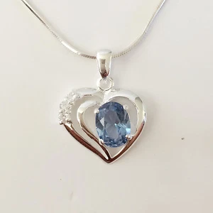 925 simulated Silver Aqua Blue Double Heart Love Charm Pendant Necklace PD1378 - Picture 1 of 3