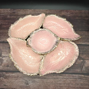 California Pottery Relish Dip Dished Lazy Susan Pink Gold Leaves 594 IMPERFECT - Picture 1 of 17