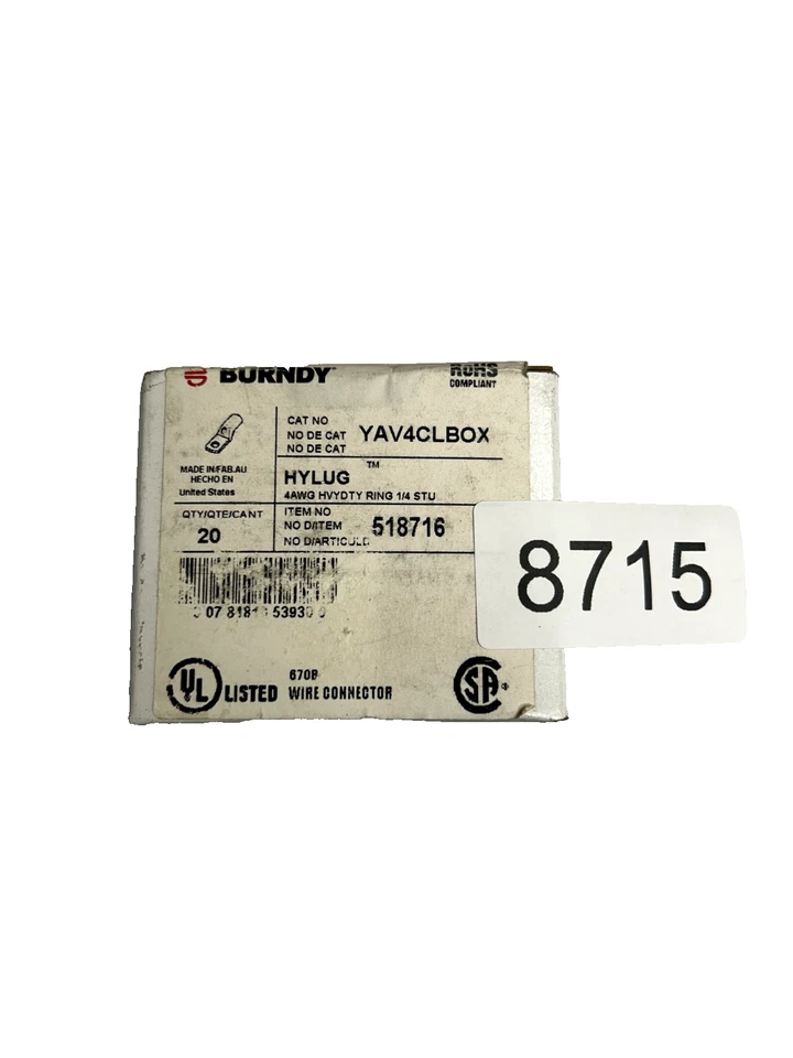 Burndy YAV4CLBOX 2 Hole Compression Lugs Box of (20) 4AWG HVYDTY Ring 1/4 STU - Image 1 of 1
