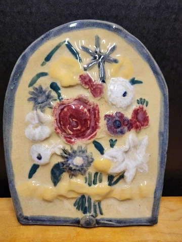 Handmade Antique Painted Floral Ceramic Wall Plaque Artist Signed Cover