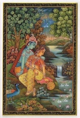 Pintura religiosa india de Radha Krishna escena de amor arte en placa 4x6 pulgadas Foto 1 de 4