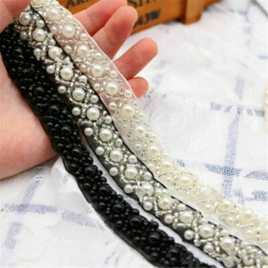 Sewing Applique Pearls Beaded Lace Trim Ribbon Wedding Chain Dress Craft Decor - Picture 1 of 12