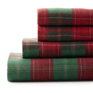 Cuddl Duds QUEEN Sheet Set Cotton Heavyweight Flannel Holiday Red Green Plaid - Picture 1 of 1