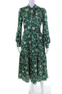 Chelsea 28 Womens Long Sleeve V Neck Belted Satin Floral Midi Dress Green XS - Picture 1 of 7