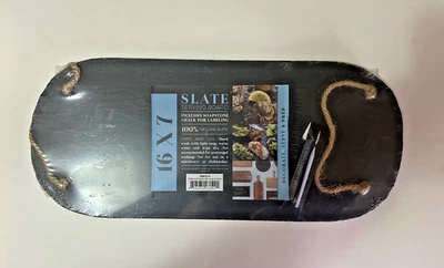 Slate Serving Board 16x7 with Rope Handles & Soapstone Chalk New - Image 1 of 4