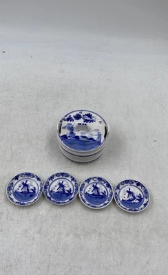 Delft Hand Painted Blue White Round Shape Butter Dish With Plates Lot Of 4 - Image 1 of 4