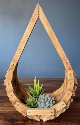Boho Wooden Teardrop Hanging Basket for Plants / Wall Decor Storage Organizer - Image 1 of 4