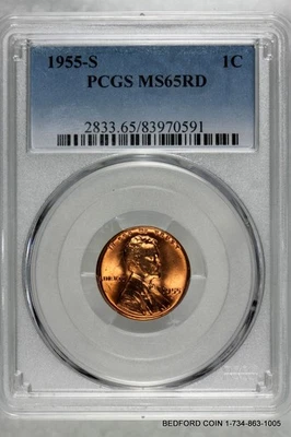 PCGS MS65 RD 1955-S LINCOLN WHEAT BACK CENT PENNY 1c  (BC91) - Image 1 of 2