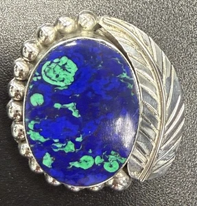 Vintage Mexico 925 Silver Azurite Malachite Oval Leaf Pin Brooch Pendant 21.1g - Picture 1 of 7