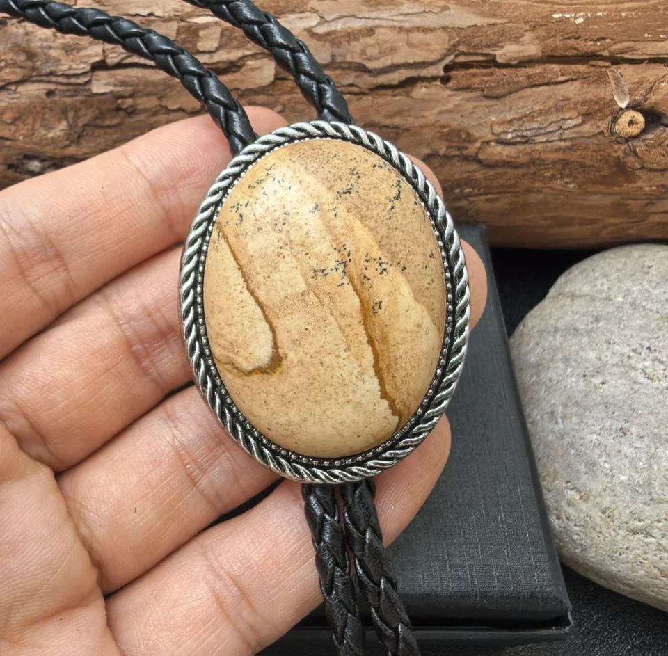 Collar de boda con corbata Bola Bolo de piedra arenisca 40" cuerda de cuero vaquero occidental Bolo Foto 1 de 4