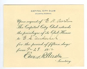 28 settembre 1912 Capital City Club, Atlanta, Georgia Membership Pass - Foto 1 di 2