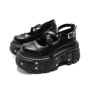 Flat Platform Shoe Rivet Buckle Strap Cross Belt Black Leather Thick Bottom Shoe - Picture 1 of 9