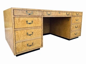 Vintage 1960s John Widdicomb Campaign Desk – Refinished Burl Wood, Brass Pulls - Picture 1 of 19