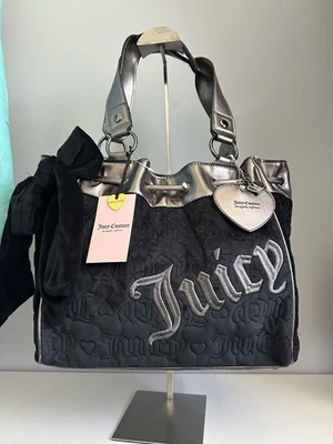 Bolso de Mano Grande Juicy Couture Terciopelo Negro Vintage Daydreamer Bordado Logo Foto 1 de 4