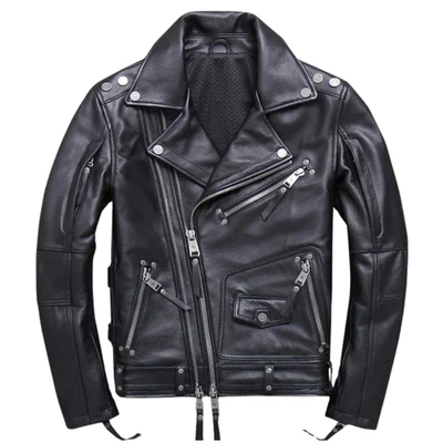 Men's Black Motorcycle Leather Jacket Classic Biker Style Real Leather Wear - Image 1 of 4