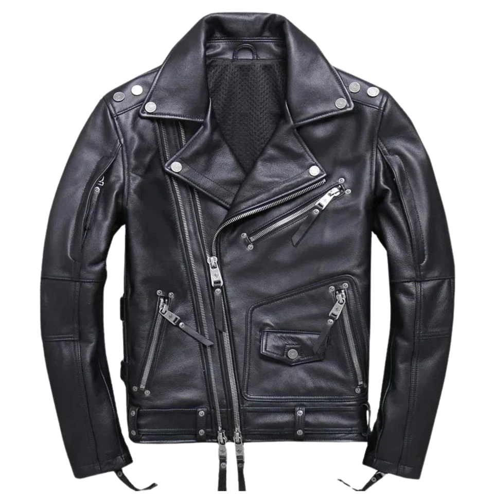 Men's Black Motorcycle Leather Jacket Classic Biker Style Real Leather Wear - Image 1 of 4