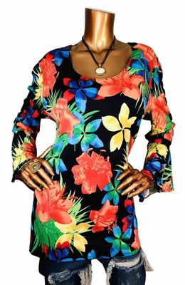 Slinky Brand 1X Plus Top Stretch Floral Tunic Cout Out Cold Bell Sleeves Blouse - Image 1 of 4