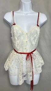 VINTAGE EMIL BOLE White Little Red Heart Lace Print NIGHT-Top Sleep Sz Small Y2K - Picture 1 of 12