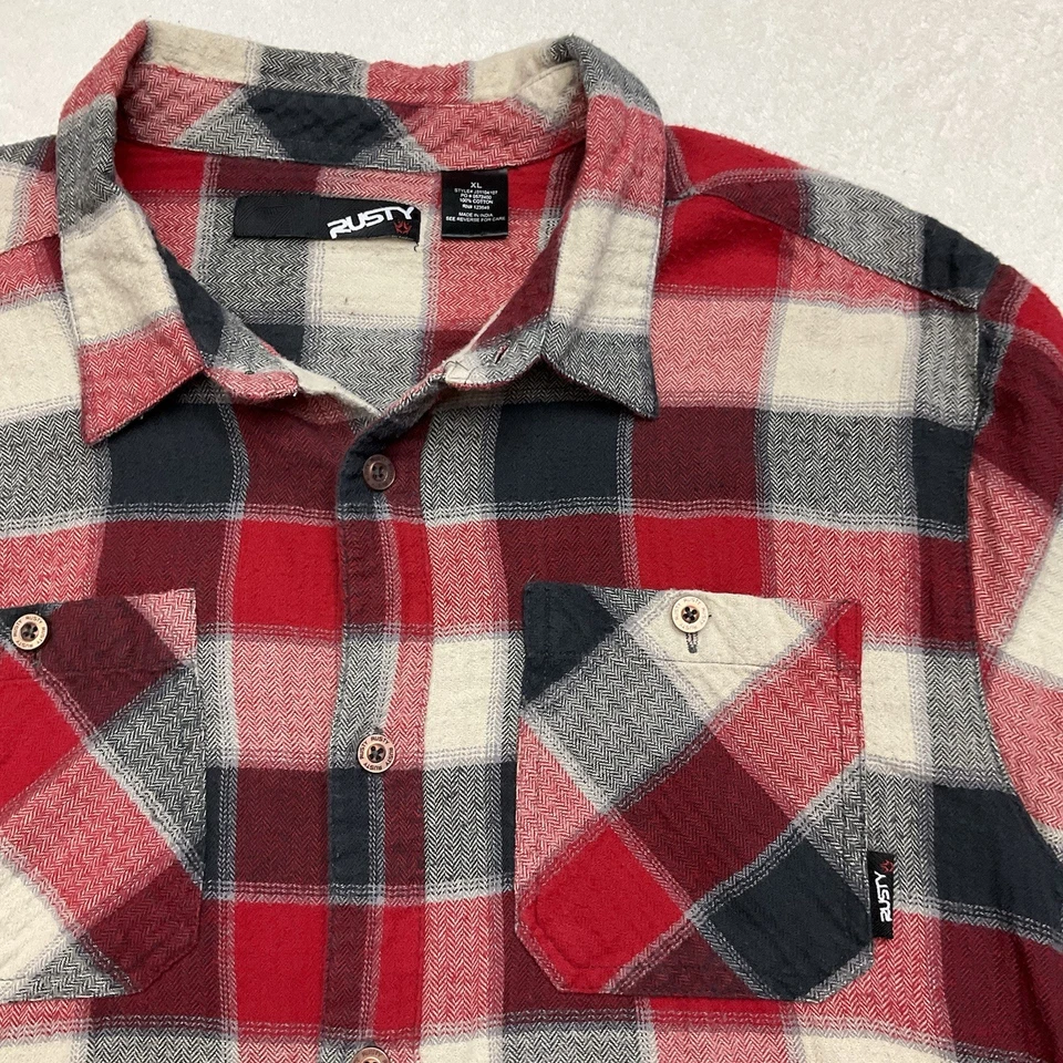 RUSTY Men’s Red Gray Cream Plaid Flannel Long Sleeve Button Down Shirt Size XL - Image 1 of 4