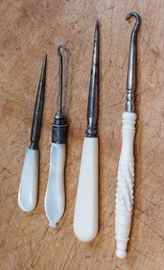 Antique Bovine And Mother Of Pearl Handled Button Hooks Sewing Tools. - Picture 1 of 9
