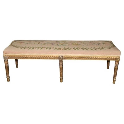 Carved Giltwood French Louis XVI Petit Point and Needlepoint Window Bench - Image 1 of 4