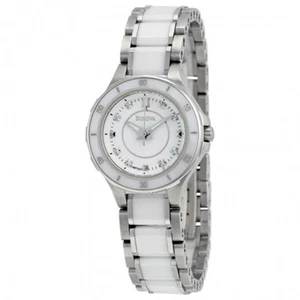 BULOVA WHITE DIAL 8 DIAMONDS WHITE CERAMIC ST.STEEL LADIES WATCH 98P124 NEW - Picture 1 of 5