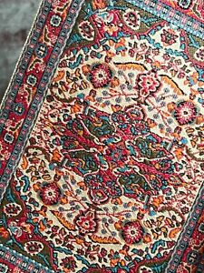 Vintage Artisan Miniature Dollhouse Pink Persian Silk Woven Floor Rug w Fringe