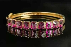12Ct Emerald Cut Lab Created Ruby Women's Bangle Bracelet 14K Yellow Gold Plated - Picture 1 of 6