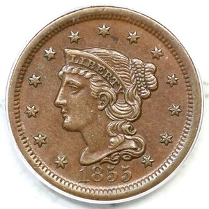 1855 N-4 PCGS AU 55 Upright 55 Braided Hair Large Cent Coin 1c - Picture 1 of 3