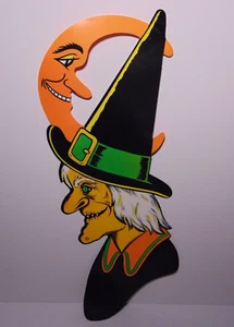 Large 1970s Old Vintage Halloween Sign Witch Face Moon Graphic Sign Made in USA - Picture 1 of 14