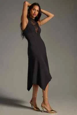 Anthropologie Mock-Neck Lace Insert Fit & Flare Black Midi Dress Sz Medium - Image 1 of 4