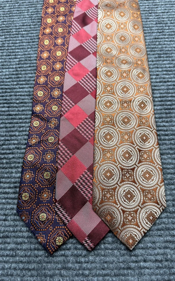 Lote de 3 corbatas Paul Fredrick de seda para hombre borgoña a cuadros marrón geométricas hechas a mano Foto 1 de 4