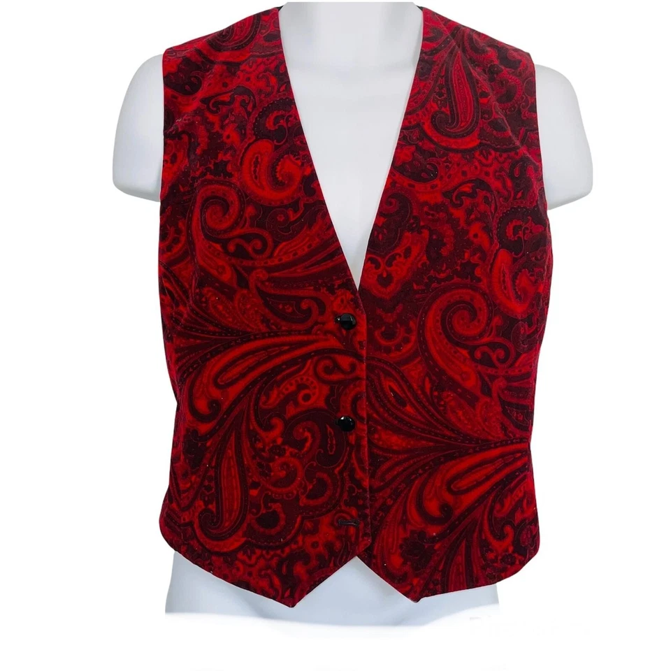 Chaleco vintage Leslie Fay para mujer M rojo negro terciopelo cachemir Foto 1 de 4