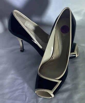 Enzo Angiolini Black Patent Leather Peep-Toe Heels With Beige Trim 8.5 - Image 1 of 4