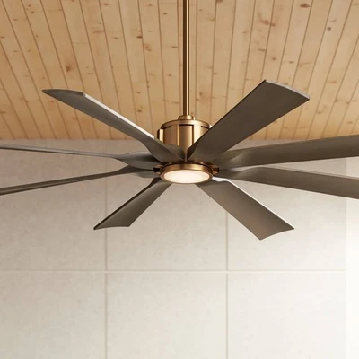 60" Defender Modern Indoor Outdoor Ceiling Fan with LED Light Remote Brass Oak - Image 1 of 4