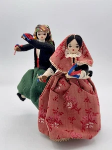 Vintage Folk Art Dolls 8” Pair Traditional Dress Embroidered Fabric Handmade - Picture 1 of 12