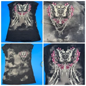 VTG Affliction Bleach Wash Graphic Tee Wings Roses Keys Chains Heart Shirt Top - Picture 1 of 6