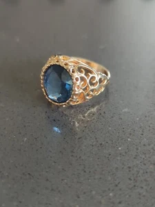 Vtg 18k HGE Heavy Gold Electroplated Blue Sapphire Gemstone Ring Size 6.25 C110 - Picture 1 of 7