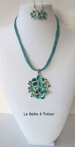 Parure Fleurs Émail Vert sur Cordons Argenté avec Boucles d'Oreilles - Imagen 1 de 1