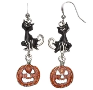 Orecchini pendenti smaltati gatto nero e zucca Halloween - Foto 1 di 4