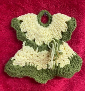 Hand Crocheted Green & Yellow Dress Trivet Decoration - Picture 1 of 2