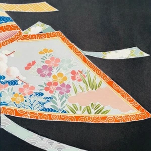 Tessuto kimono seta nero Tomesode dipinto a mano lungo Peace #A 14x70 mai usato ToF49 - Foto 1 di 6