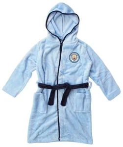 Boys Official Man City MCFC Hooded Fleece Dressing Gown Bathrobe 3 to 12 Years - Picture 1 of 2